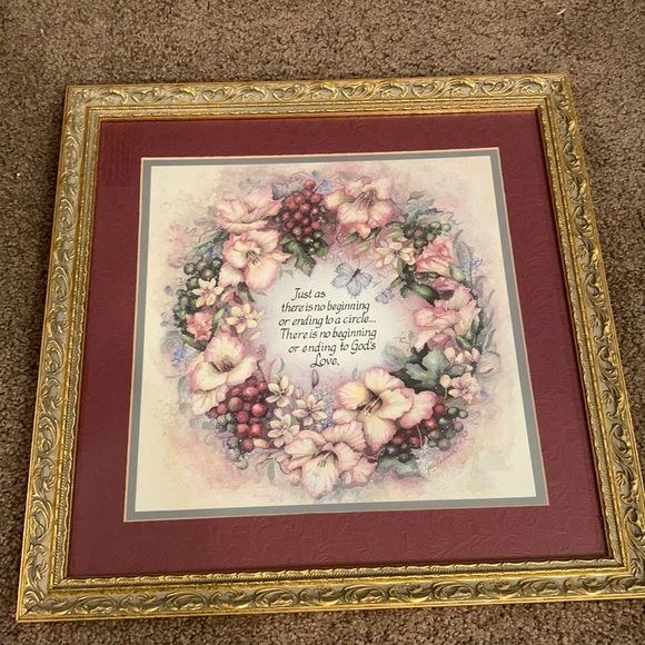 Vintage Other - Vintage Hand Drawn Floral Wreath God’s Love Saying Gold Frame Decor Picture